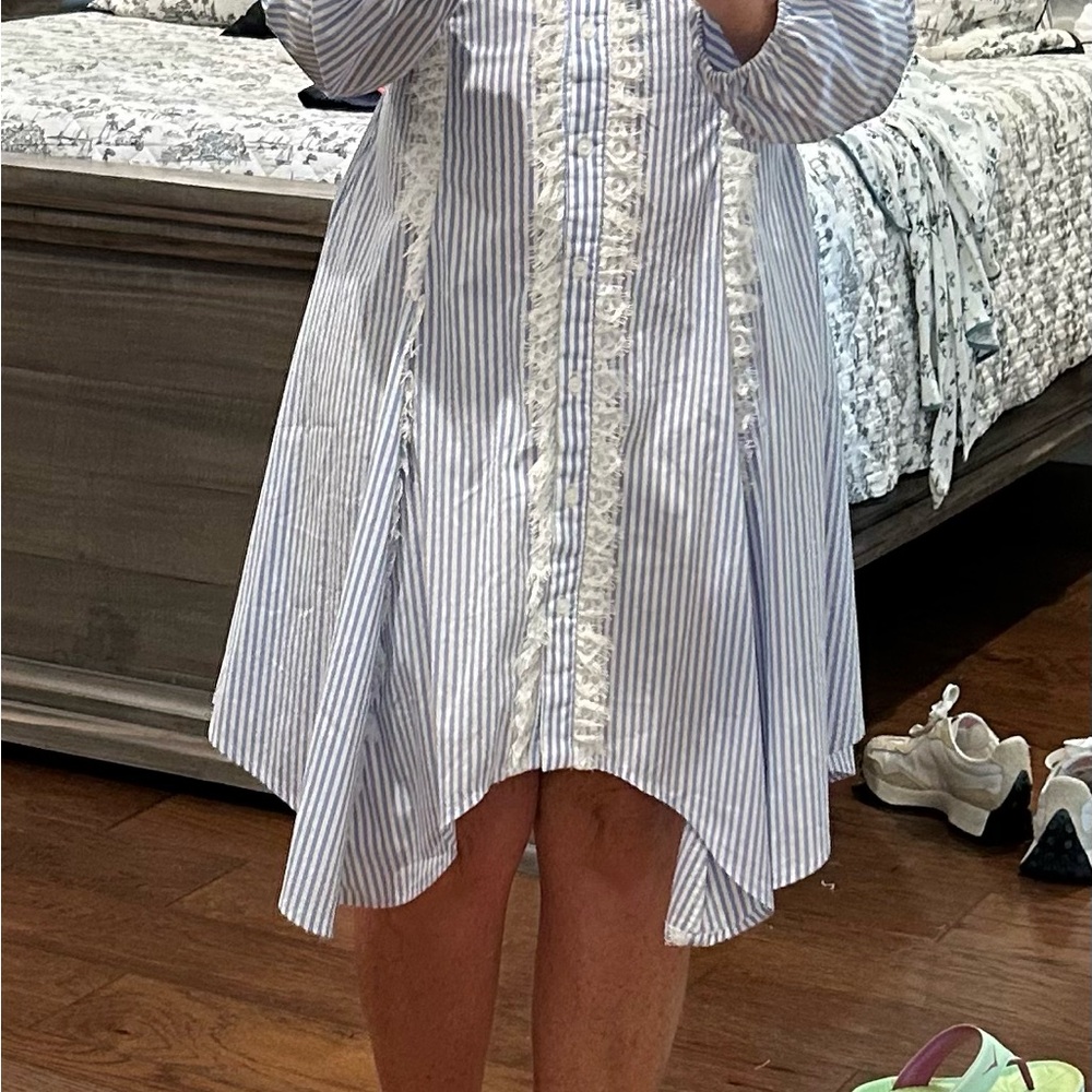 The Shirt by Rochelle Behrens Blue and White Striped Asymmetrical Tunic Dress - Picture 3 of 3